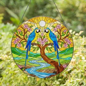 Macaws Stained Glass Tropical Landscape Tiffany Jewel Tones - Full Moon River Scene Stained Glass Suncatcher