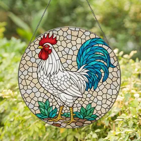 White Rooster Stained Glass Mosaic - Iridescent Tail Feathers & Frosted Background Stained Glass Suncatcher