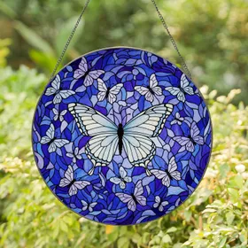 Intricate Butterfly Stained Glass Art - Tiffany Style Blue Purple Floral Nature Mosaic Stained Glass Suncatcher