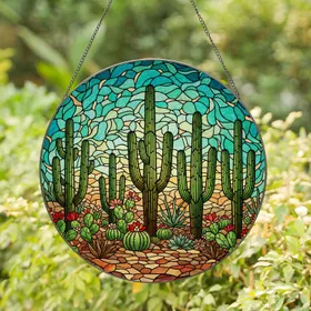 Vibrant Desert Cacti Stained Glass Art - Tiffany Style Landscape Mosaic Sky Home Decor Gift Stained Glass Suncatcher