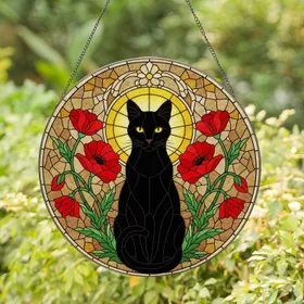 Black Cat Red Poppies Stained Glass Art - Tiffany Style Mosaic Home Decor Gift for Cat Lovers Stained Glass Suncatcher