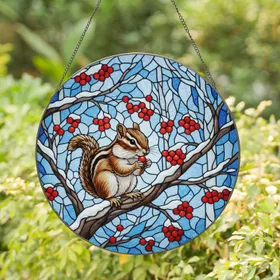 Stained Glass Chipmunk Red Berries Winter Tree Branch Mosaic Art Tiffany Glass Style Stained Glass Suncatcher