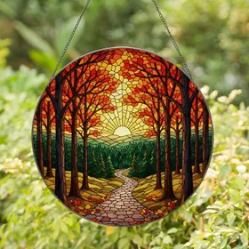 Detailed Autumn Forest Stone Path Sunset - Glowing Red Orange Fall Leaves Nature Decor Stained Glass Suncatcher
