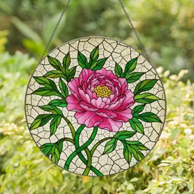 Pink Peony Flower Stained Glass Mosaic with Green Leaves - Tiffany Style Home Decor Gift for Her Stained Glass Suncatcher