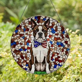 Patriotic Boston Terrier Brindle White Dog Stained Glass Mosaic - USA Dog Lover Gift Stained Glass Suncatcher