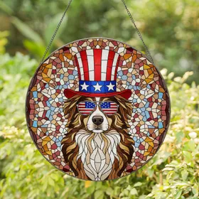 Stained Glass Uncle Sam Dog American Flag Sunglasses - Patriotic 4th of July Gift Stained Glass Suncatcher