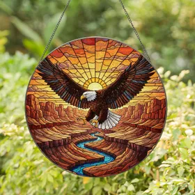 Majestic Bald Eagle Canyon Stained Glass Art - Sunrise Sunset Vista Tiffany Jewel Tones Stained Glass Suncatcher