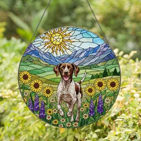 German Shorthaired Pointer Trotting Dog Sunflowers Mountains Tiffany Glass Jewel Tone Gift Stained Glass Suncatcher