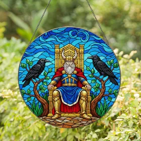 Bearded Norse God Odin Ravens Golden Throne Stained Glass Art Viking Mythology Decor Stained Glass Suncatcher