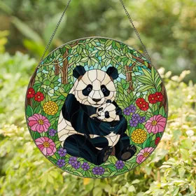 Panda Cub Wildflower Jungle Stained Glass Art - Emerald Green Fuchsia Pink Jewel Tones Stained Glass Suncatcher