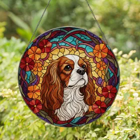 Cavalier King Charles Spaniel Stained Glass Floral Mosaic with Abstract Swirling Patterns Stained Glass Suncatcher
