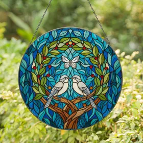 Tiffany Style Glass Two Birds Butterfly Tree Branch Leaves Berries Water Mosaic Art Stained Glass Suncatcher
