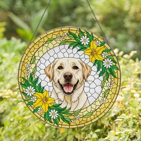 Stained Glass Labrador Retriever Dog with Lilies & Daisies Floral Frame Tiffany Mosaic Art Stained Glass Suncatcher
