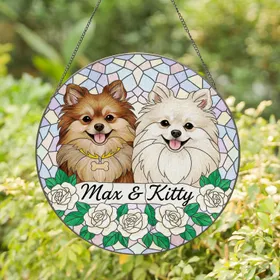 Pomeranian Dogs Stained Glass Art, White Roses, 'Max & Kitty' Cursive - Pet Owner Gift Stained Glass Suncatcher