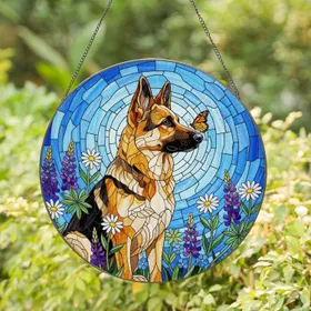 German Shepherd Dog Monarch Butterfly Wildflower Stained Glass Tiffany Jewel Tone Art Stained Glass Suncatcher