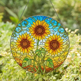 Tiffany Stained Glass Sunflower Mosaic - Swirling Sky Field Nature Window Art Gift Stained Glass Suncatcher