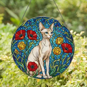 Sphynx Cat Stained Glass Style Jewel Tone Art - Red Poppy Flowers Botanical Mosaic Stained Glass Suncatcher