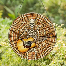 Stylized Skeleton Playing Acoustic Guitar Stained Glass Mosaic Art Jewel Tone Decor Stained Glass Suncatcher