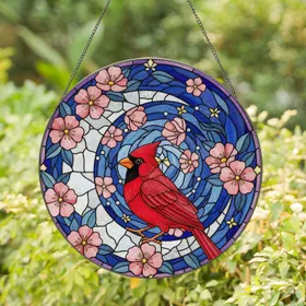 Red Cardinal Crescent Moon Stained Glass Flowers Sky Mosaic Translucent Jewel Tones Stained Glass Suncatcher