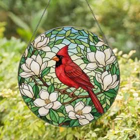 Red Cardinal Magnolia Tiffany Style Stained Glass Intricate Floral Botanical Mosaic Art Stained Glass Suncatcher