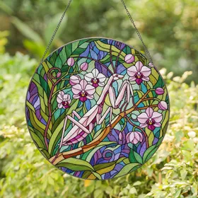 Orchid Mantis Stained Glass, Blooming Orchids Botanical Mosaic - Tiffany Jewel Tones Home Decor Gift Stained Glass Suncatcher