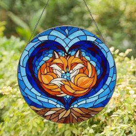 Two Red Foxes Snuggled Heart Stained Glass - Tiffany Mosaic Orange Creamy Blue Maroon Stained Glass Suncatcher