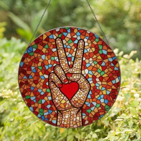 Intricate Stained Glass Peace Sign Hand with Red Heart Mosaic Tiffany Glass Art Stained Glass Suncatcher