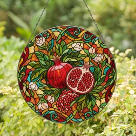 Pomegranate Tiffany Stained Glass Botanical Garden Mosaic - Ruby Red Floral Vines Stained Glass Suncatcher
