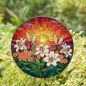 Tiffany Stained Glass Setting Sun White Lily Flowers Mosaic - Detailed Sunset Sky Stained Glass Suncatcher