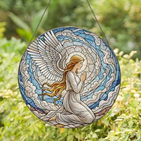 Angel Kneeling Praying Stained Glass - Celestial Sky Stars Tiffany Style Stained Glass Suncatcher