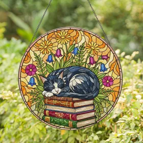 Colorful Intricate Tiffany Stained Glass Sleeping Tuxedo Cat Books Wildflowers Mosaic Abstract Patterns Stained Glass Suncatcher