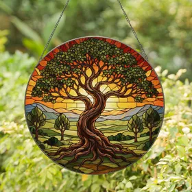 Majestic Gnarled Tree Tiffany Stained Glass Landscape Art - Rolling Hills Mountains Stained Glass Suncatcher