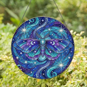 Celestial Moth Tiffany Stained Glass Cosmic Night Sky Art, Intricate Jewel Tones, Moons, Nebulae Stained Glass Suncatcher
