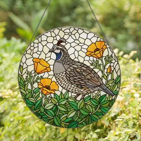 Highly Detailed California Quail Stained Glass Art - Tiffany Style Poppies & Leaves Stained Glass Suncatcher
