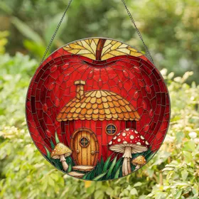 Red Apple Fairy House Stained Glass - Fantasy Mushroom Mosaic Tiffany Jewel Tones Stained Glass Suncatcher