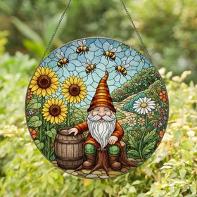 Jovial Garden Gnome Sunflowers Bumblebees Tiffany Glass Garden Mosaic Scene Art Stained Glass Suncatcher