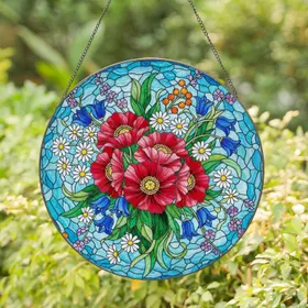 Red Pink Poppy Daisy Blue Bell Flowers Tiffany Style Stained Glass Art - Colorful Nature Gift Stained Glass Suncatcher