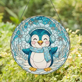 Smiling Cartoon Penguin Rosy Cheeks Light Blue Scarf Earmuffs Winter Snowflakes Gift Stained Glass Suncatcher