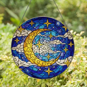 Golden Ornate Crescent Moon Stars Swirling Clouds Stained Glass Night Sky Mosaic Pattern Stained Glass Suncatcher