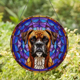 Brindle Boxer Dog Stained Glass Tiffany Mosaic Art Intricate Geometric Jewel Tones Stained Glass Suncatcher