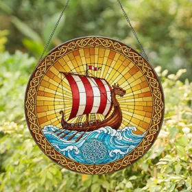 Viking Dragon Longship Celtic Knot Sunburst Ocean Waves Interwoven Mosaic Decor Stained Glass Suncatcher
