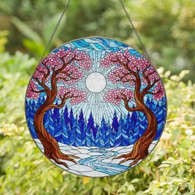Gnarled Trees Pink Magenta Leaves White Moon Snow Forest River - Stained Glass Stained Glass Suncatcher