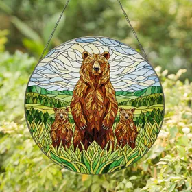 Grizzly Bear Family Stained Glass Landscape - Wildlife Nature Art for Home Decor Stained Glass Suncatcher
