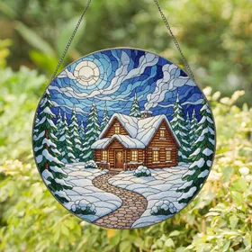 Glowing Stained Glass Snow Cabin Pine Trees Winter Night Scene Holiday Home Decor Stained Glass Suncatcher
