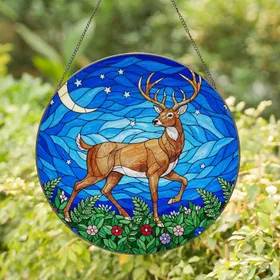 Stag Multi-Pronged Antlers Stained Glass Mosaic - Moonlit Sky, Wildflowers & Jewel Tones Stained Glass Suncatcher