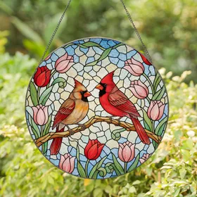 Highly Detailed Male Female Cardinal Stained Glass Red Tulips - Tiffany Window Art Stained Glass Suncatcher