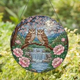 Stained Glass Owls Waterfall Peonies Cherry Blossoms Moon Landscape Art Home Decor Stained Glass Suncatcher