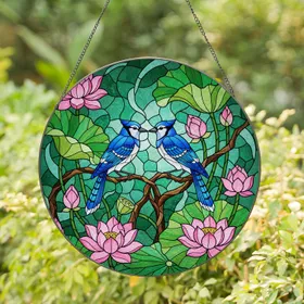 Blue Jays Pink Lotus Stained Glass Art, Tiffany Mosaic, Intertwined Branches Teal Background Stained Glass Suncatcher