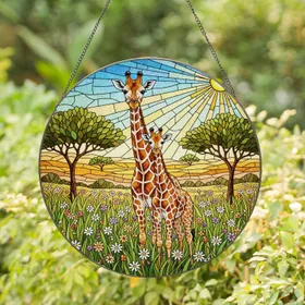 Adult Juvenile Giraffe Savanna Wildflower Landscape Tiffany Style Glass Jewel Tone Decor Stained Glass Suncatcher