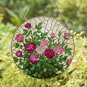 Tiffany Style Stained Glass Rose Garden with Blooming Fuchsia Pink Flowers & Green Leaves Stained Glass Suncatcher